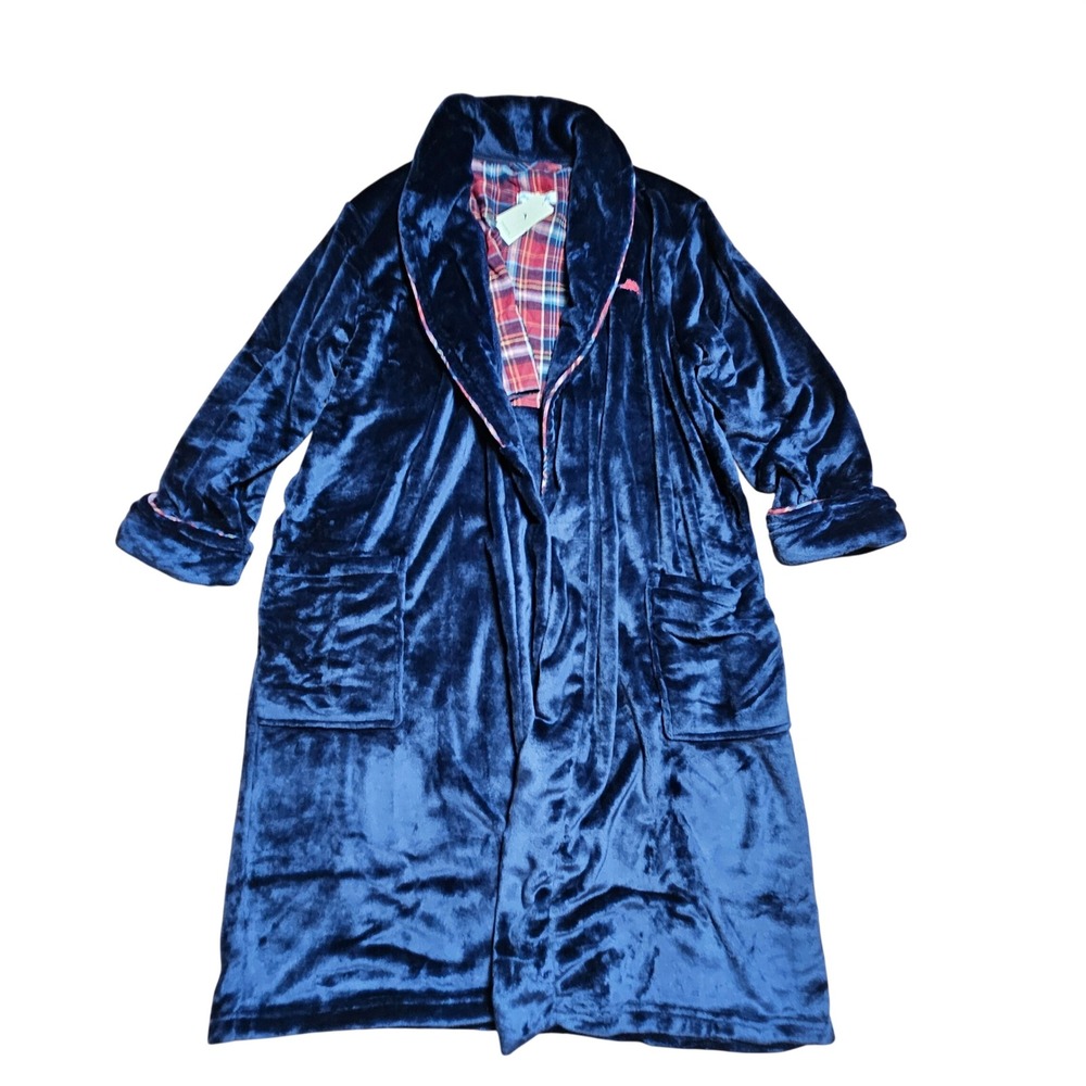 Tommy Bahama Plush Robe Plaid Lined Fleece Bathrobe Mens S/M-P/M Navy No Tie NWT